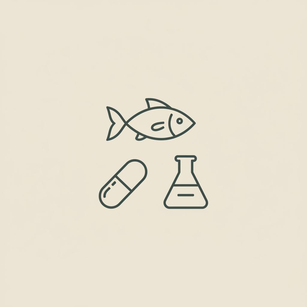Minimalist line illustration of fish, capsule, and lab beaker on beige background (#F2E5D5) representing a DHA supplement, thin dark outlines, no fills.