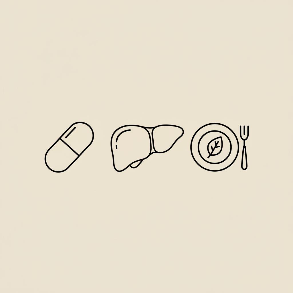 Minimal Tonum-style vector line illustration of a capsule, abstract liver silhouette and small plate with leaf and fork on beige background, representing fatty liver weight gain.