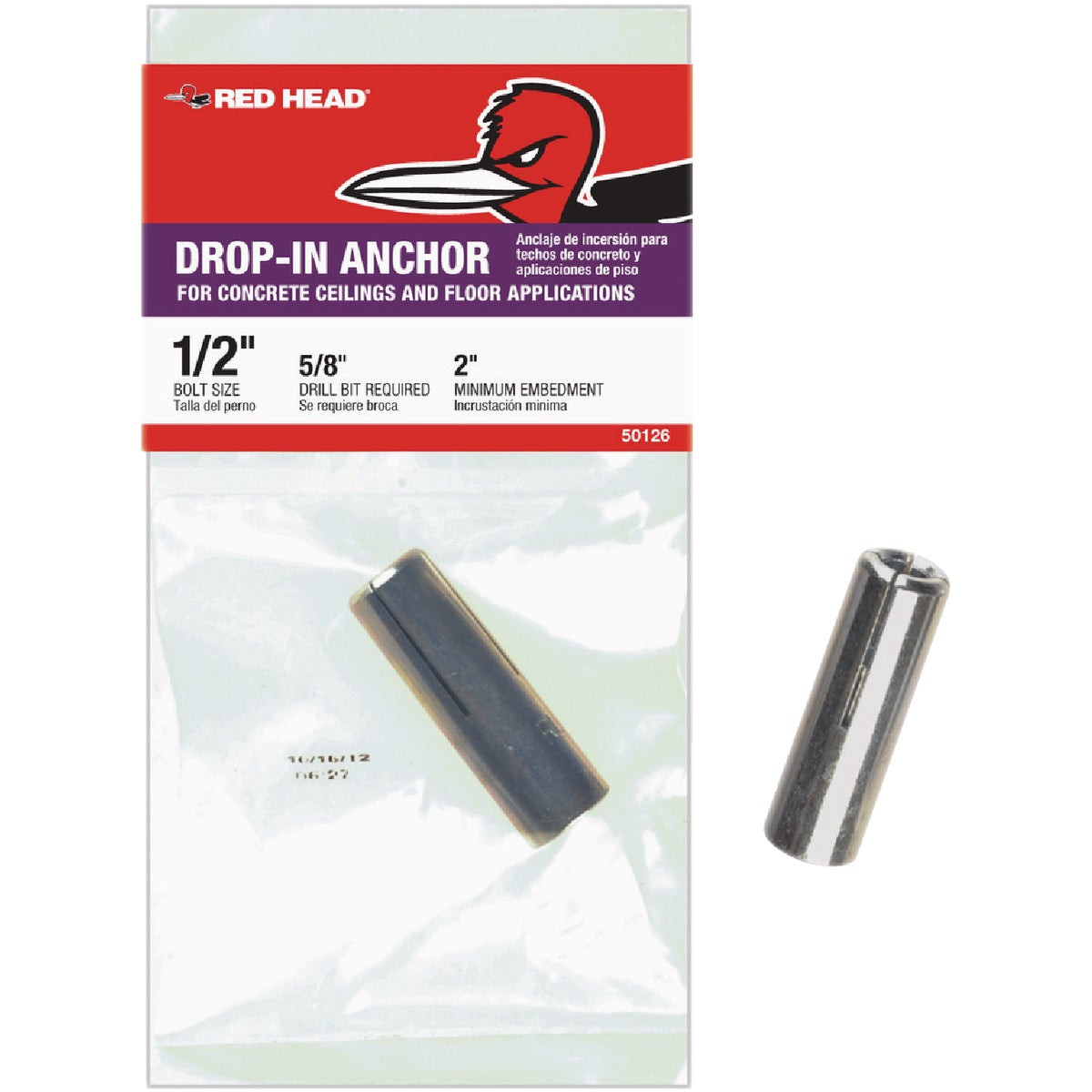 Red Head 1/2 in. x 2 in. Zinc-Plated Steel Drop-In Anchor (50126)