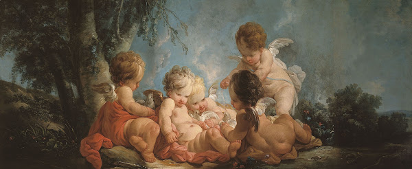 Groupe de cinq Amours jouant avec des colombes 1761
