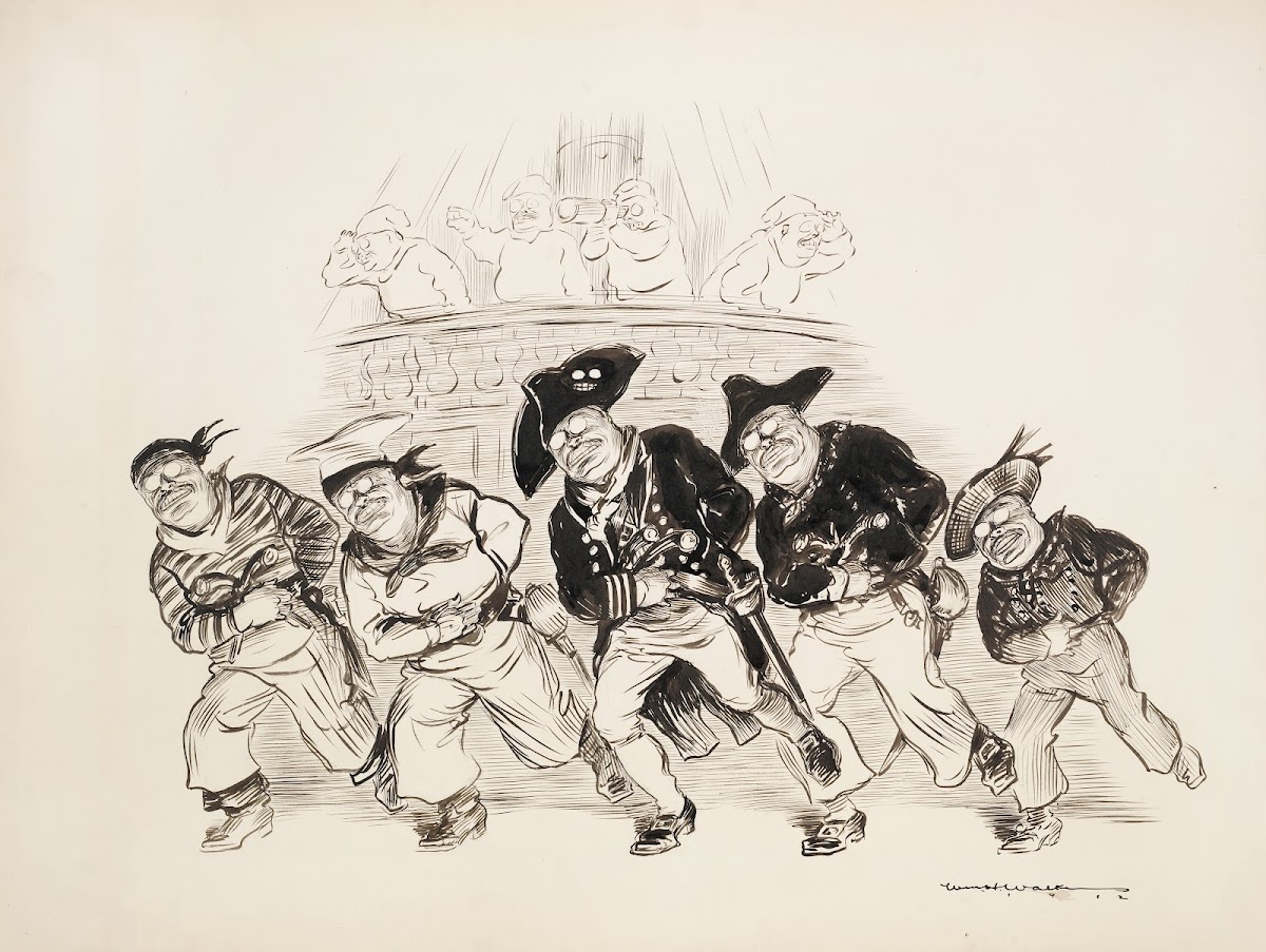 A pirate crew with everyone from captain to look out looking like Theodore Roose