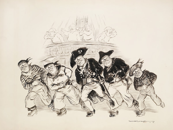 A pirate crew with everyone from captain to look out looking like Theodore Roose