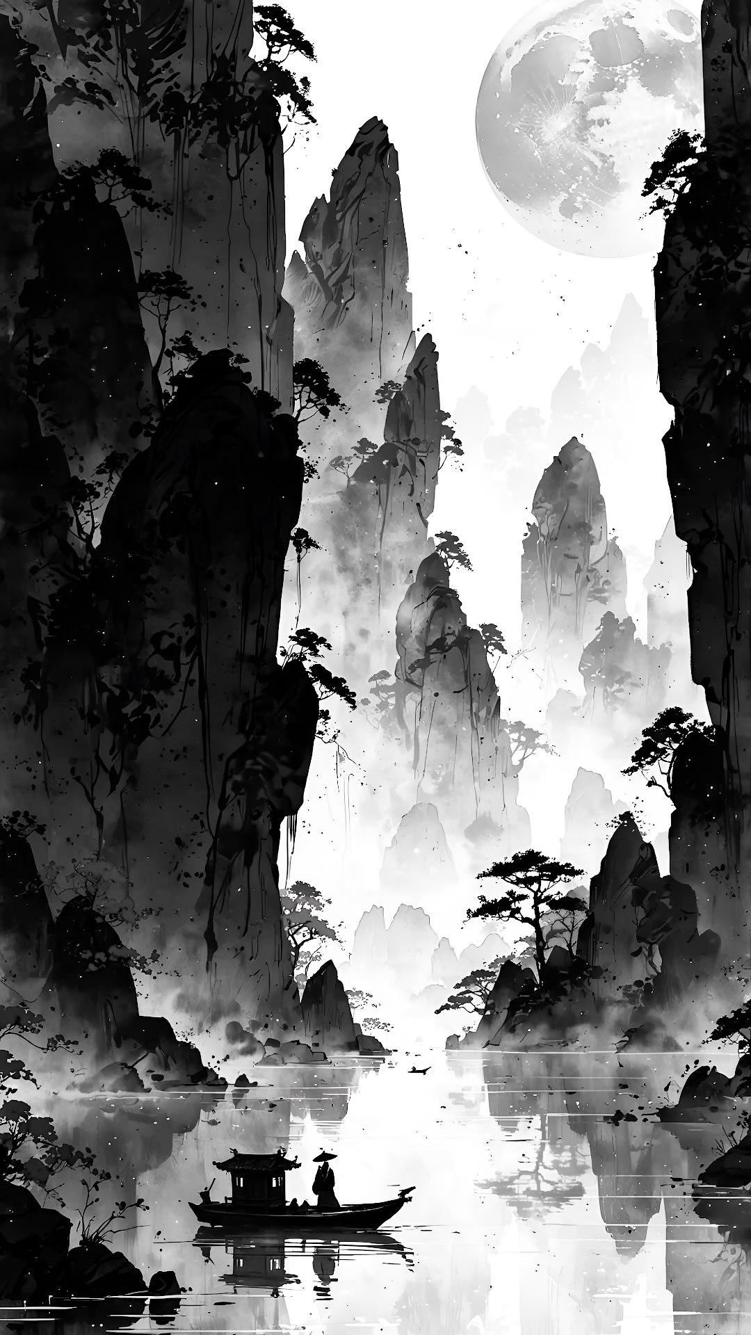 Ink Wash Landscape Asian Mountains Monochrome Full Moon - Free 4K mobile Wallpaper