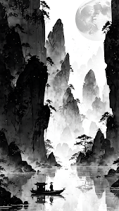 Ink Wash Landscape Asian Mountains Monochrome Full Moon