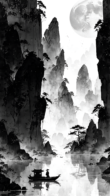 Ink Wash Landscape Asian Mountains Monochrome Full Moon - Free mobile Wallpaper
