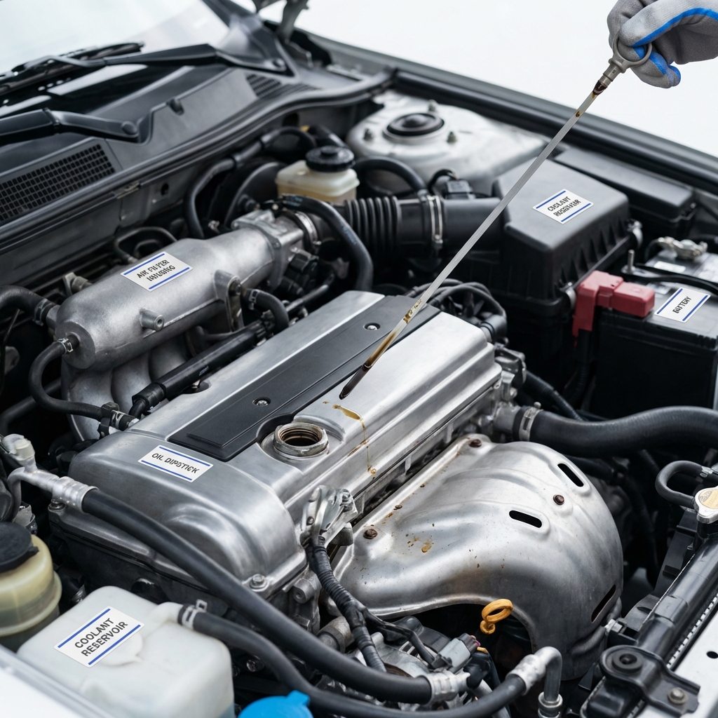 Close up of a technician checking a dipstick in a car engine bay with visible oil residue and clear component labels honda cars for sale