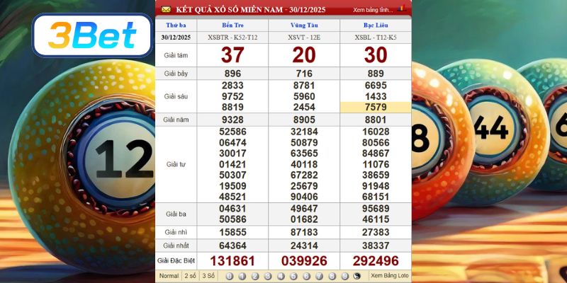 Cùng 3BET thống kê kết quả XSMB kỳ trước ngày 30/12/2025