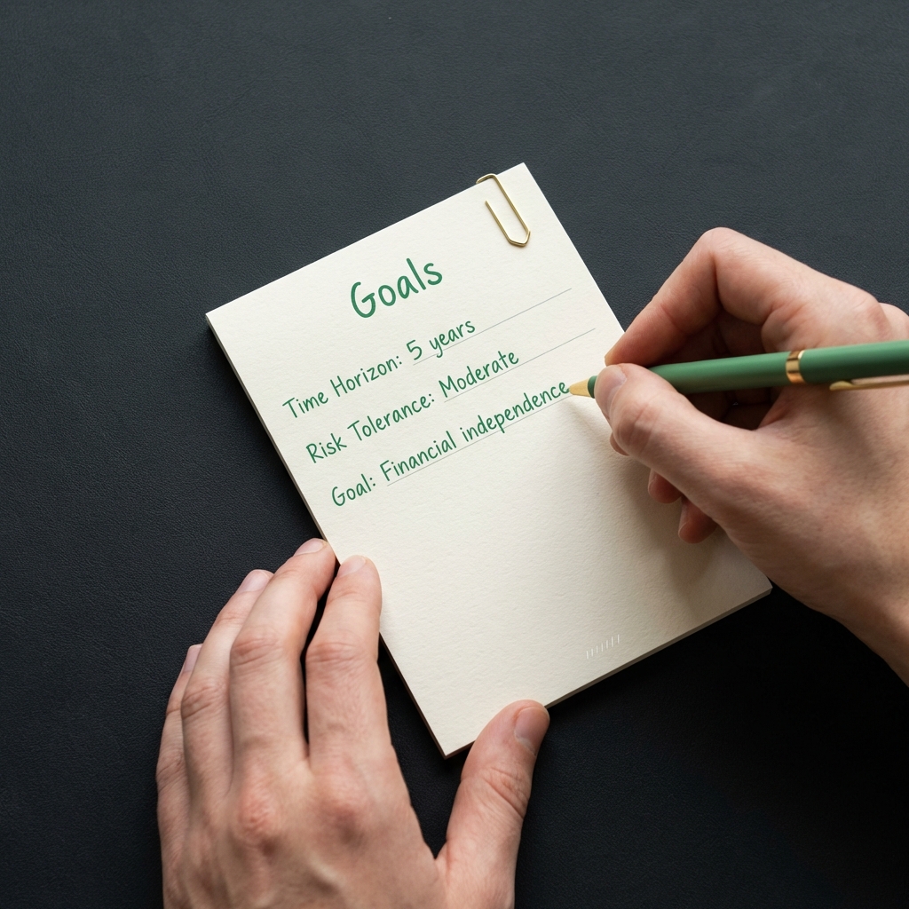 Close up of hands filling out a three question goals worksheet on a notepad showing time horizon and risk tolerance focused on how to make money investing