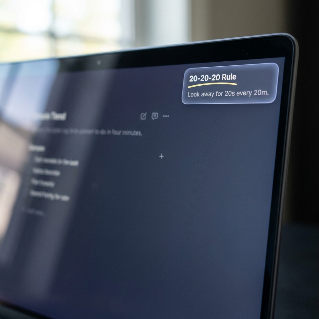 Laptop screen close up with minimal 20-20-20 reminder overlay and blurred window in background Funded Plays style workspace How to Take a Structured Break
