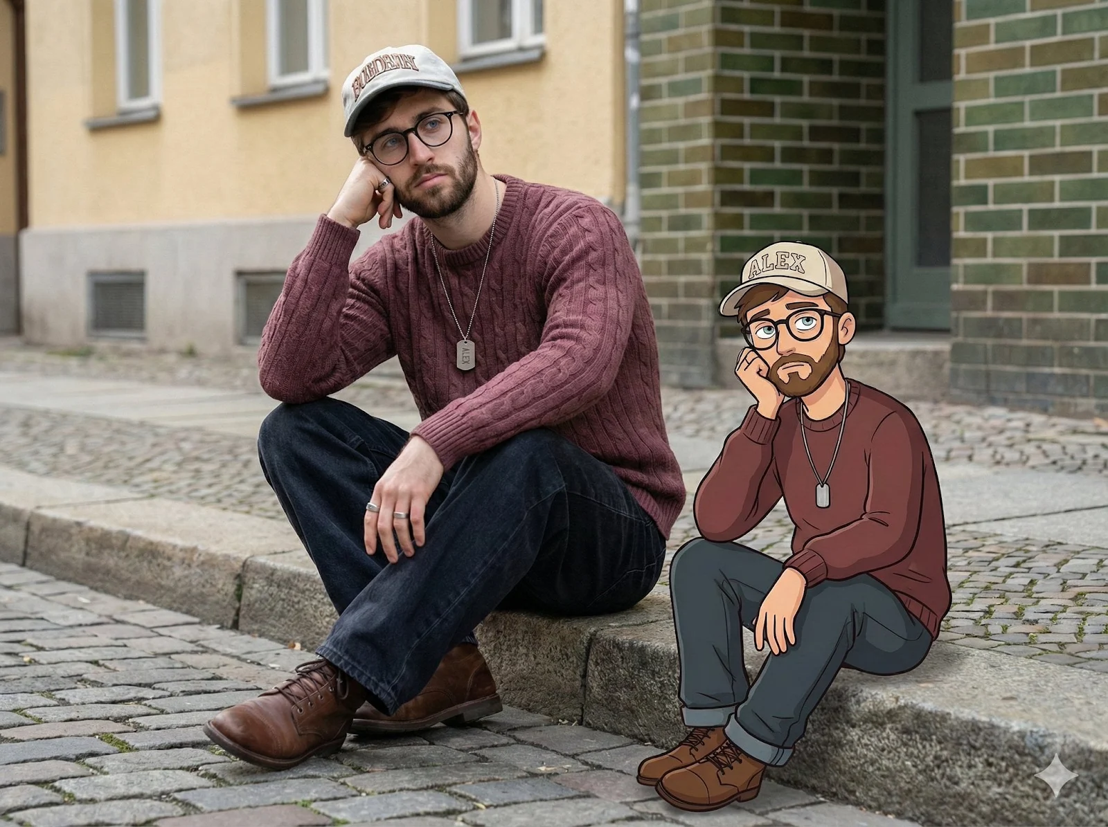 Transforma esta imagen [Sube tu imagen] en una fotografía con resolución 64K tomada con una cámara DSLR. Un retrato urbano creativo en la calle...