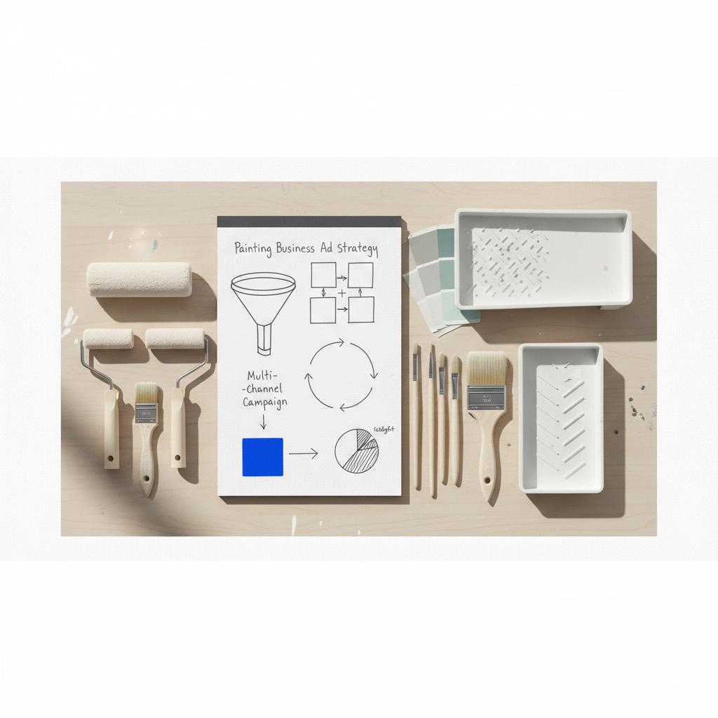 Neat arrangement of painting tools and a notepad with marketing sketches for painting business ads on a wooden workbench, white page, ink sketches #39383f, accent swatch #1a5bfb