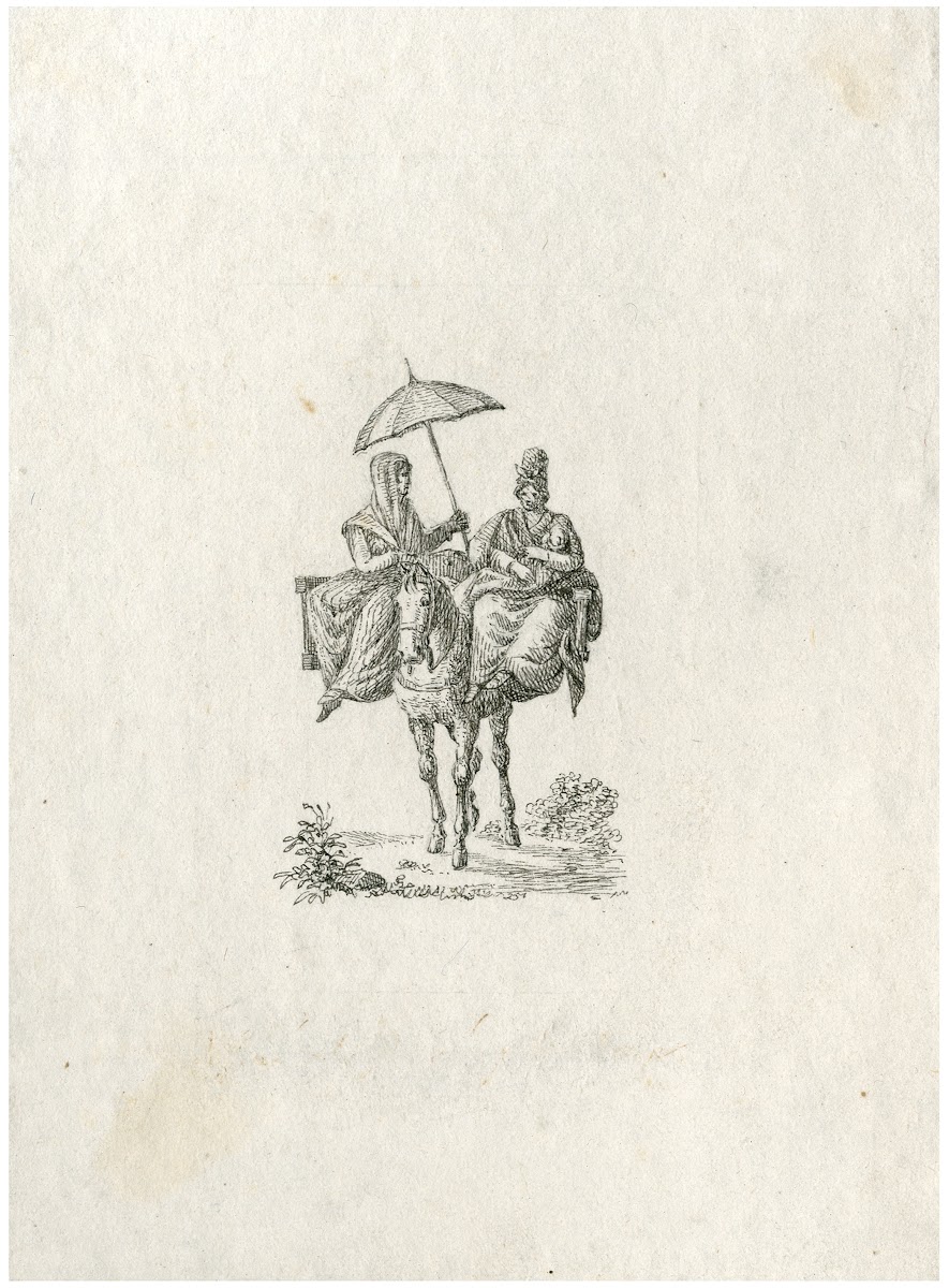 Twee vrouwen en een kind op een paard