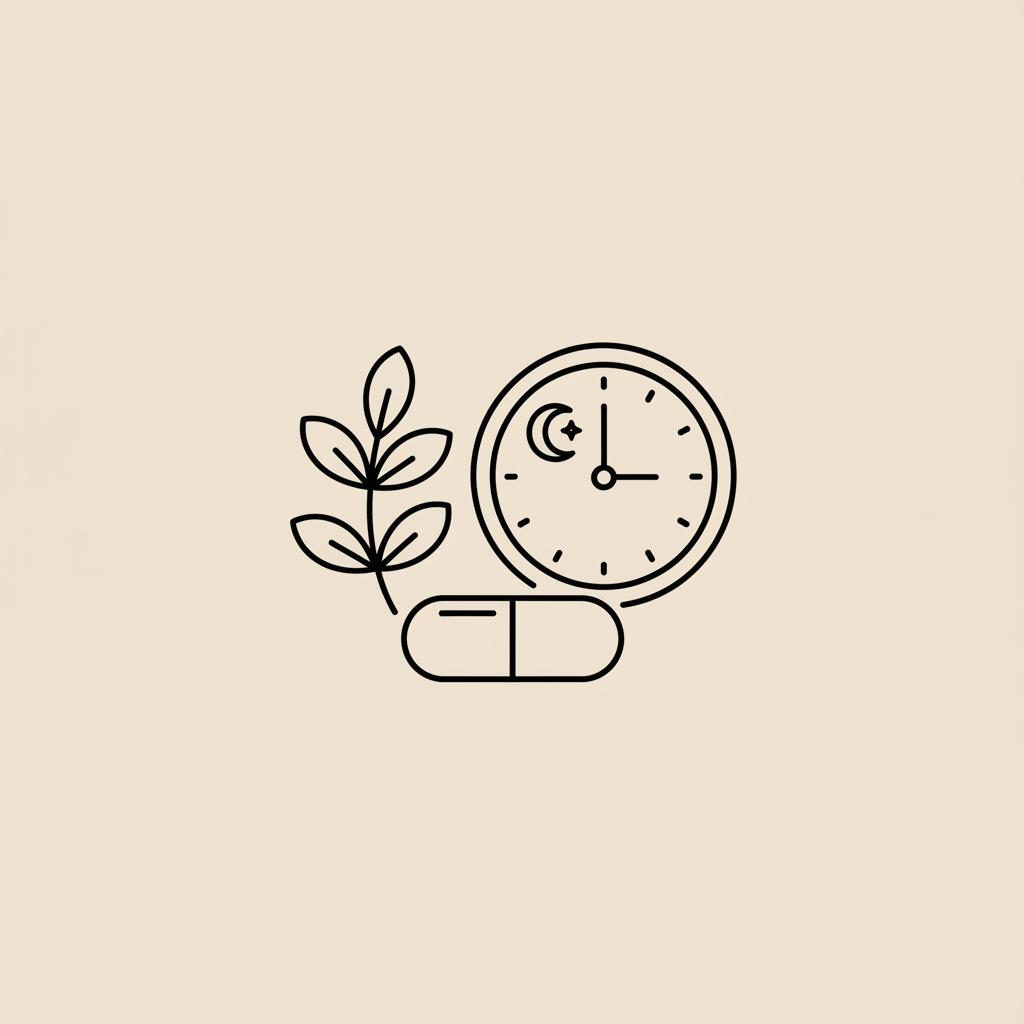 Minimalist Tonum-style line illustration of an herb sprig, clock and capsule on beige background symbolizing appetite control and timing — what herb takes away your appetite