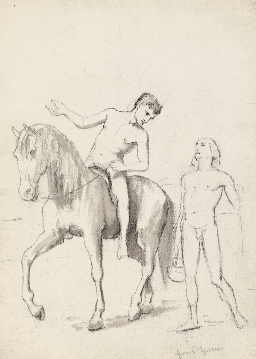 Nude Man Riding a Horse Leaning Over an Accompanying Him Nude Young Man with a B