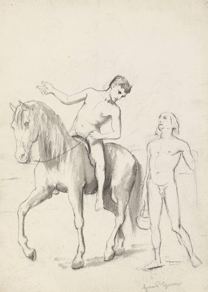 Nude Man Riding a Horse Leaning Over an Accompanying Him Nude Young Man with a B