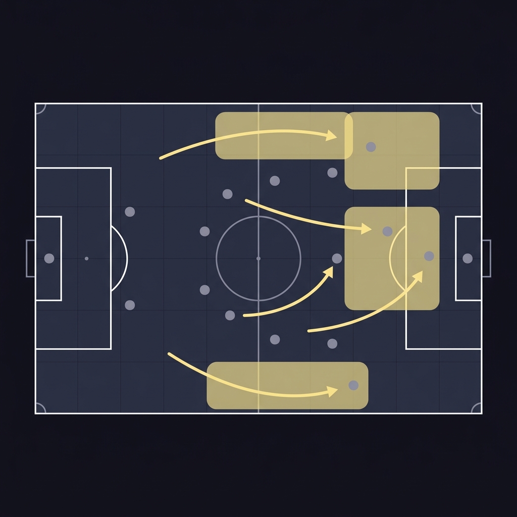 Minimalist 2D vector tactical diagram showing Bournemouth pressing zones and forward off ball runs bournemouth v nottingham forest prediction