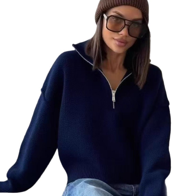 Women's knitted sweater with stand-up collar and zip