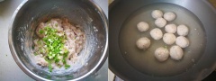 Sau cùng thêm hành lá thái nhỏ. Đun sôi nồi nước, mực viên thành viên tròn nhỏ vừa ăn, cho vào nồi nước luộc đến khi chín thì vớt ra. Cho rượu nấu ăn, đường, sốt teriyaki vào khuấy đều. Làm nóng dầu ăn trong chảo, thêm chút gừng thái lát vào phi thơm, thả mực viên đã luộc vào đảo đều rồi rưới phần nước teriyaki vào, đảo đều tay đến khi thấy mực thấm đều hết sốt thì tắt bếp.