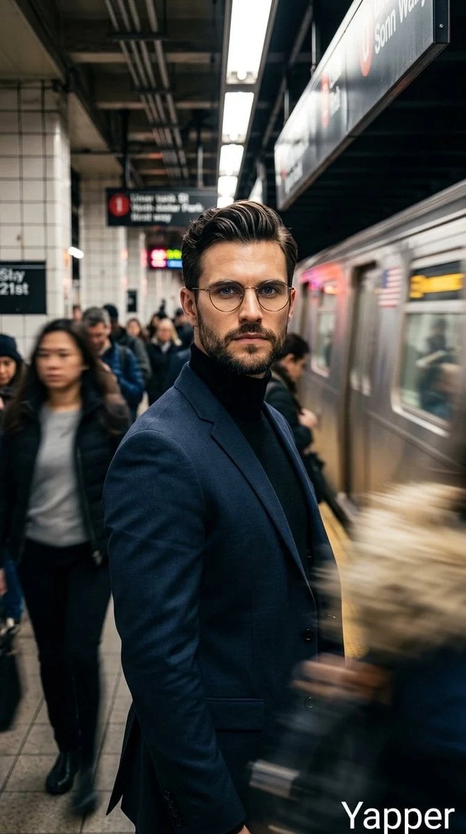 Retrato cinematográfico de un hombre elegante de pie en un andén de metro concurrido, vistiendo un traje oscuro a medida y zapatos negros...