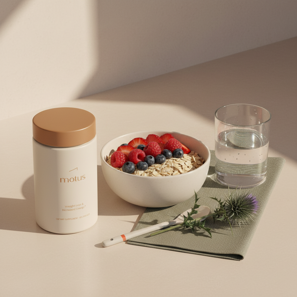 Minimalist kitchen counter with Tonum Motus supplement next to oats, berries, a glass of water and milk thistle, conveying calm morning routine supporting visceral fat reduction.