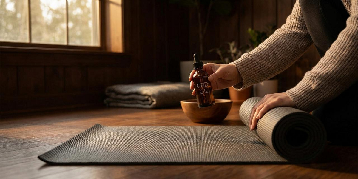 Preparazione alla meditazione moderna con CBD: persona con olio o tisana in ambiente rilassato