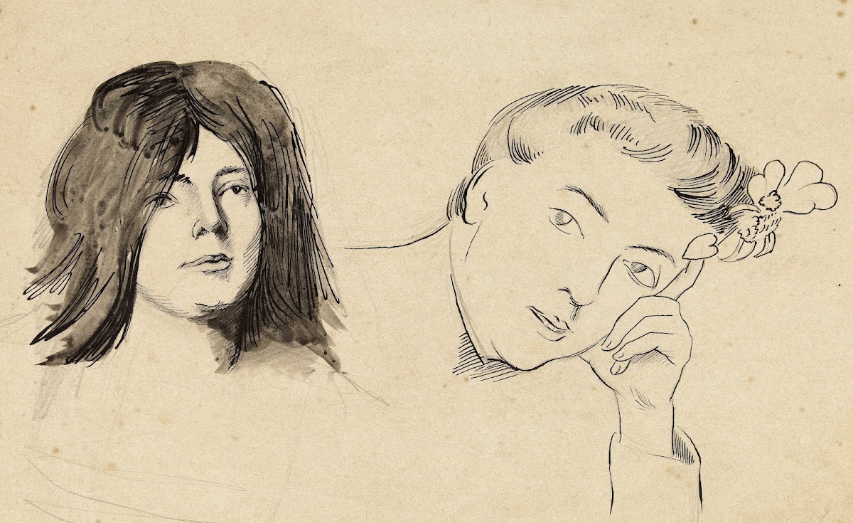 Deux têtes de femme lune aux cheveux longs lautre appuyée dans sa main gauche