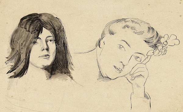 Deux têtes de femme lune aux cheveux longs lautre appuyée dans sa main gauche