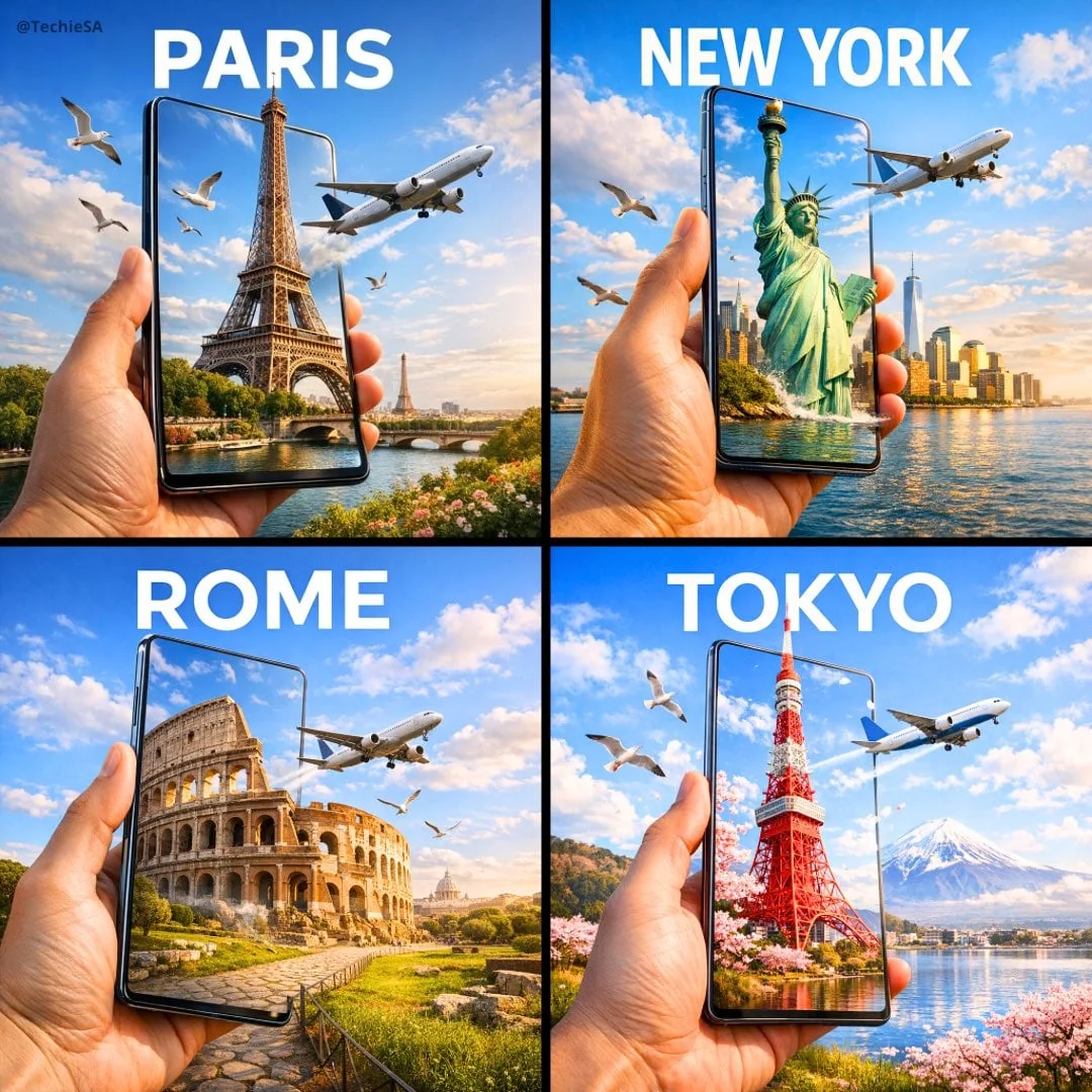 Un anuncio de viajes hiperrealista en formato cuadrado (1080x1080), que muestra una mano sosteniendo un elegante...