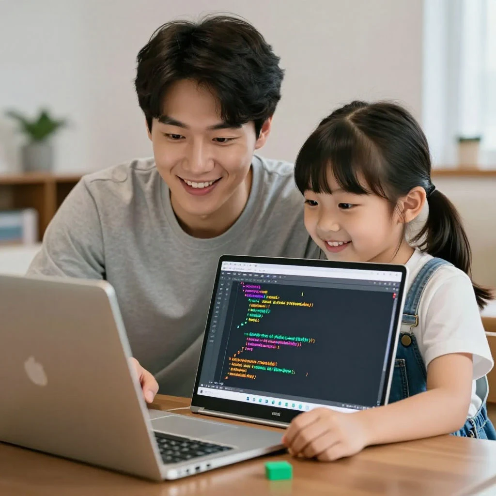 부모와 함께 코딩 플랫폼을 탐색하는 아이