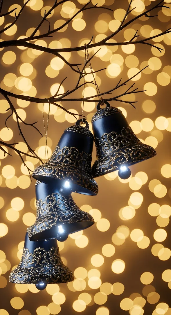 Dark Blue Christmas Bells with Gold Glitter on Bokeh Background