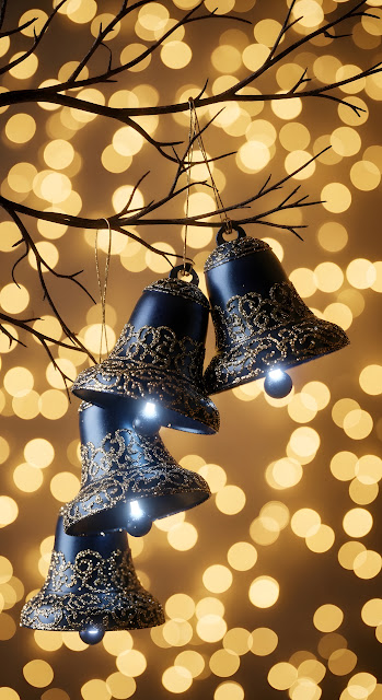 Dark Blue Christmas Bells with Gold Glitter on Bokeh Background - Free mobile Wallpaper