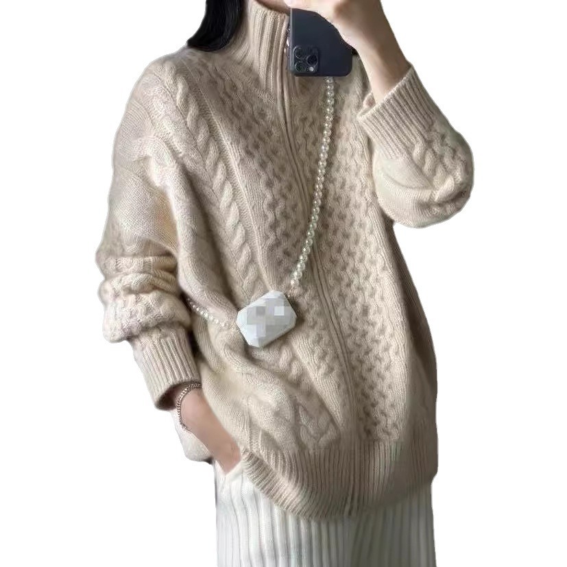 Women's wool cardigan, high-neck, with zipper, cable pattern