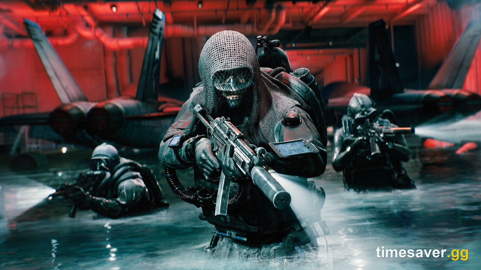 Battlefield 6 screenshot of three soldiers wading through flooded water inside a red-lit aircraft hangar, the lead soldier carrying a suppressed assault rifle with parked jets behind them