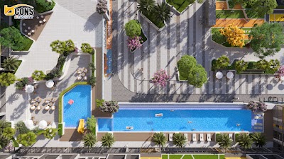 Mặt bằng hồ bơi và khu nghỉ dưỡng nhìn từ trên cao - Bcons NewSky