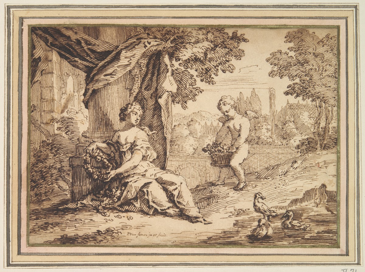 Women Seated beneath Pillar withPutto midlate 17thcentury