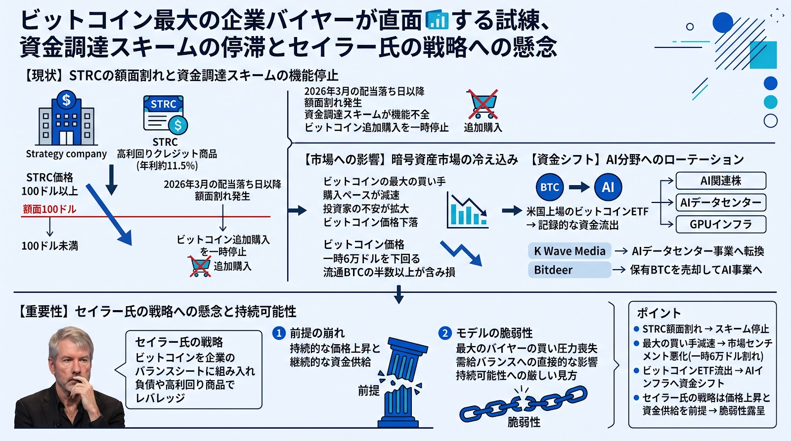 ビットコイン最大の企業バイヤーが直面する試練、資金調達スキームの停滞とセイラー氏の戦略への懸念