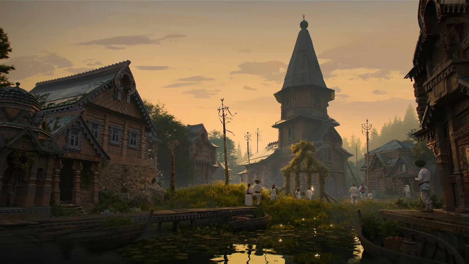 Traditional Slavic Village At Sunset 5K Desktop Wallpaper