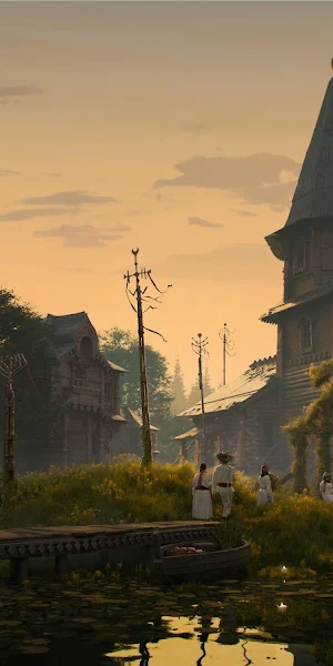 Traditional Slavic Village At Sunset 5K Wallpaper Background