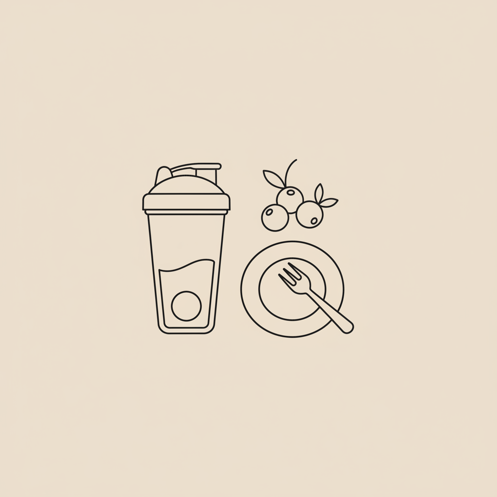 Minimalist line illustration of a shaker bottle, small berries cluster, and a plate with fork on beige background representing meal replacement powder