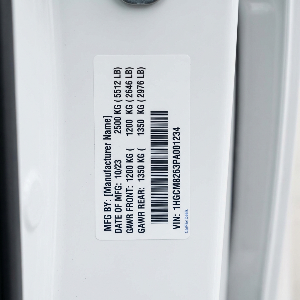 Close full frame photo of a vehicle door sticker showing GVWR and legible VIN for kbb truck value inspection guidance on white background