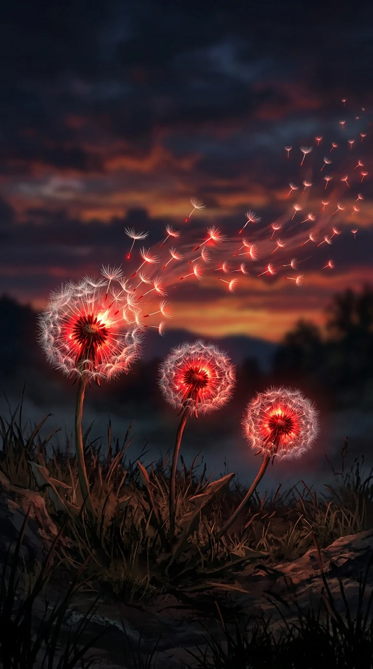 Glowing Red and White Dandelions with Floating Seeds at Sunset - Free 8K and 4K mobile Wallpaper Background