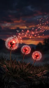 Glowing Red and White Dandelions with Floating Seeds at Sunset