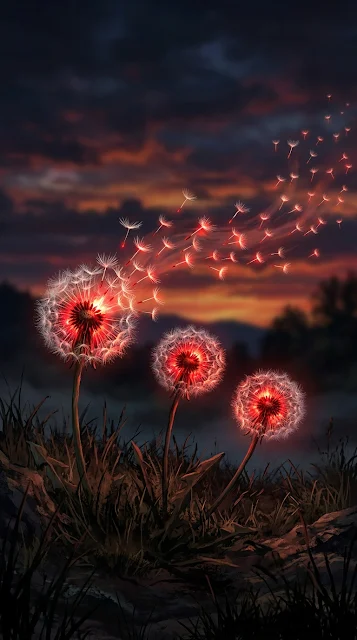 Glowing Red and White Dandelions with Floating Seeds at Sunset