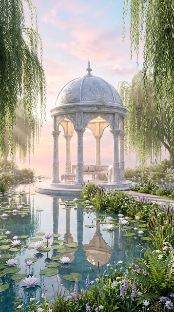 Tranquil Lakeside Gazebo with Marble Columns and Water Lilies - Free mobile Wallpaper