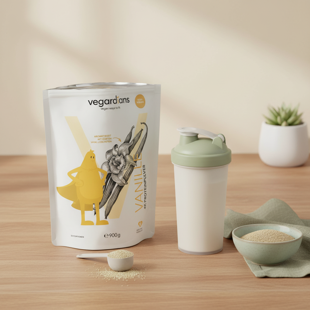 Minimalistische Küchenaufnahme mit Shaker, geöffneter Vegardians Packung pflanzlichem Mehrkomponentenprotein und Schale Flohsamenschalen auf cremefarbenem Hintergrund — Welche Lebensmittel machen satt ohne Kohlenhydrate?