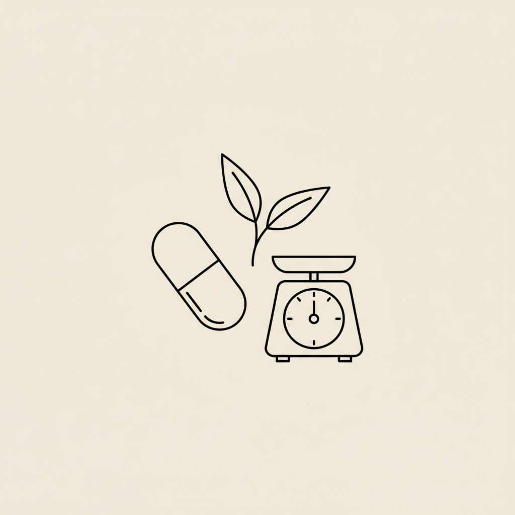 Minimalist Tonum-style vector illustration of a capsule, tea sprig and small scale on beige background — what do Chinese people use to lose weight