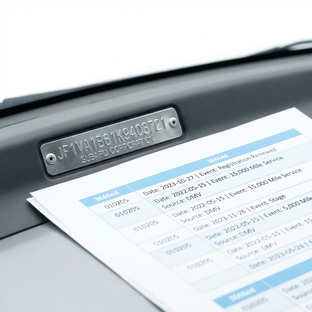 Close up of Subaru VIN plate on dashboard next to a printed vehicle history report clean white background CarFax blue accents subaru car dealer near me