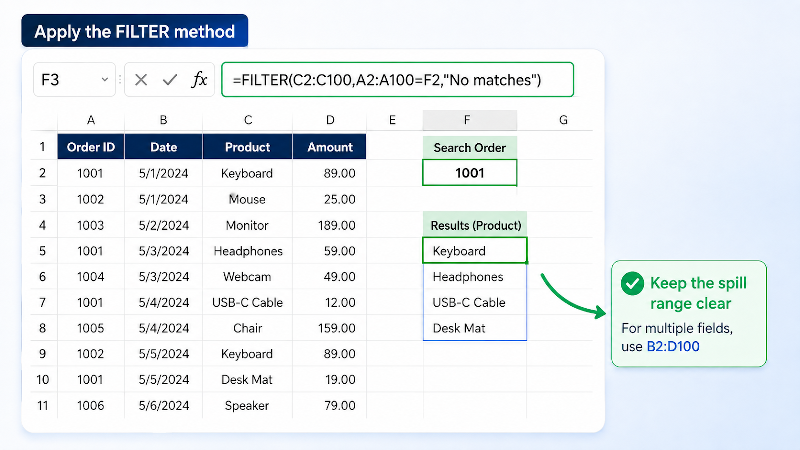 XLOOKUP Multiple Results with FILTER setup and first teaching step