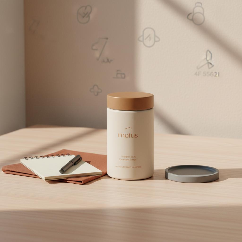 Motus supplement jar on a light wooden table with notepad and pen, Tonum minimal accents and soft window light; new weight loss drug in trials