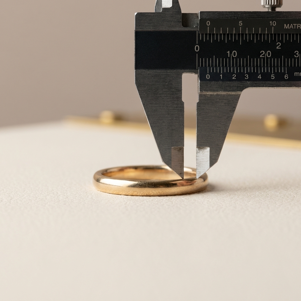 Macro photo of a narrow faun engraved ring measured with calipers at the intended inscription point on a warm ivory background in Aurora Antiqua palette